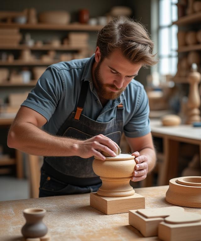 A skilled artisan carefully sanding a wooden chair leg in a well-lit workshop filled with tools and pieces of furniture.