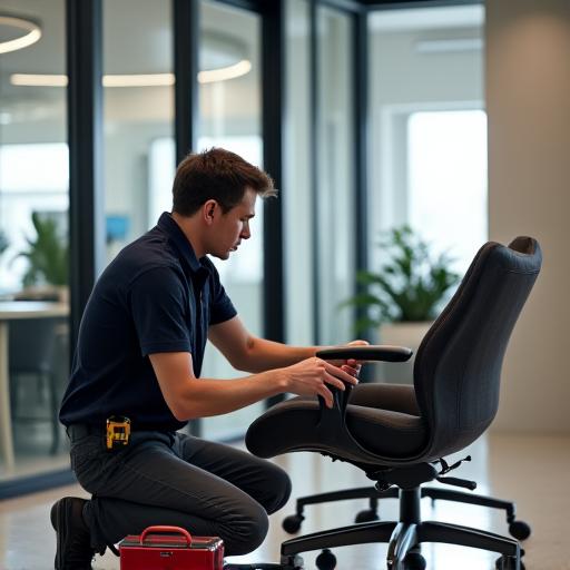 A technician working on a chair inside a commercial office building.