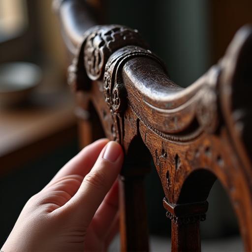 Close-up of an intricate antique chair back being worked on.