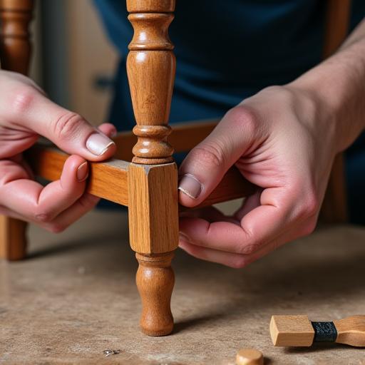 Hands performing furniture repair on a wobbly chair leg.