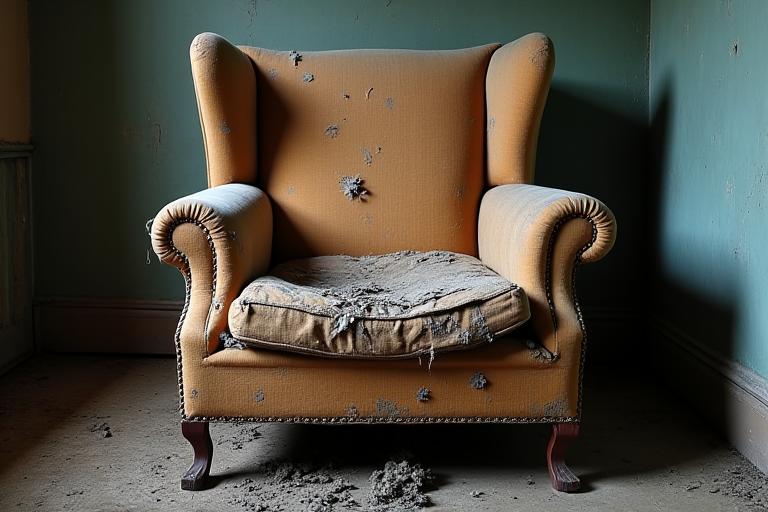 Before: A dilapidated, torn armchair that needs restoration.
