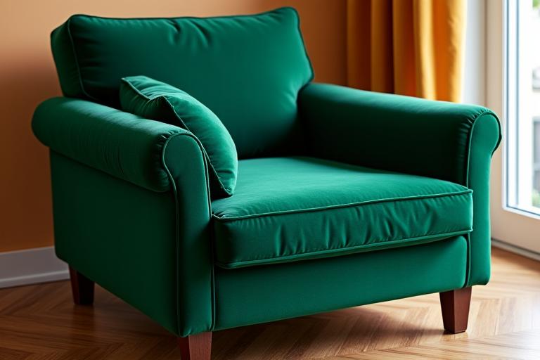 After: A beautifully restored armchair with new green velvet upholstery.