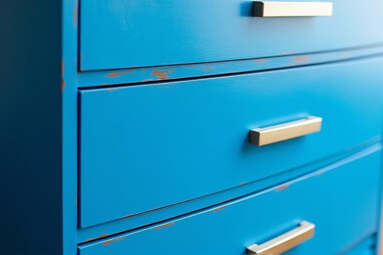 After: The dresser transformed into a vibrant blue statement piece with new metallic hardware.