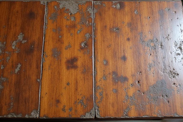 Before: An old wooden dining table with visible water damage and scratches.